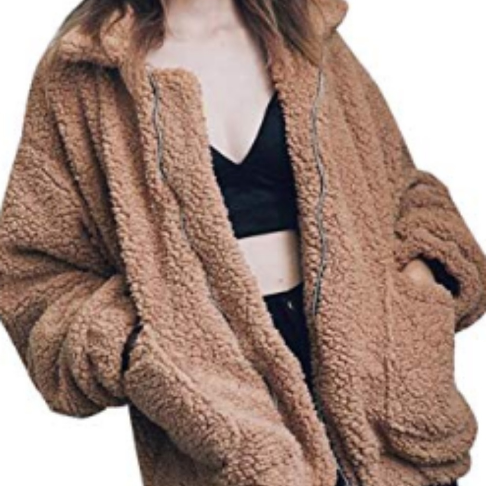 CHOiES Camel Teddy Faux Shearling Lapel Coat